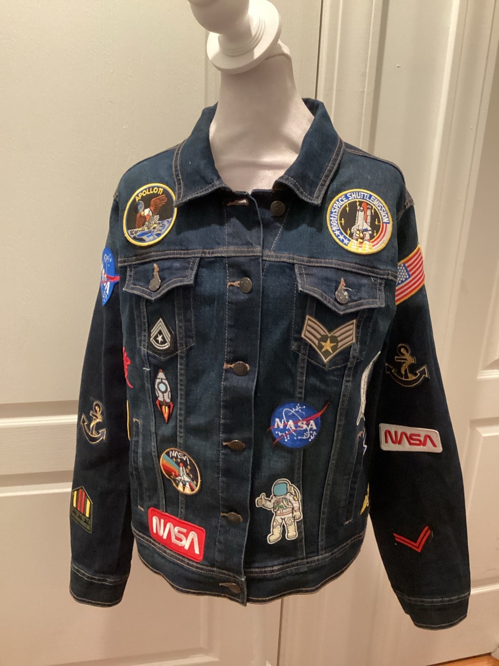 “RARE FIND” Custom “Patched Up” Denim Jacket (Color: Dark Blue Denim+Multi Patch